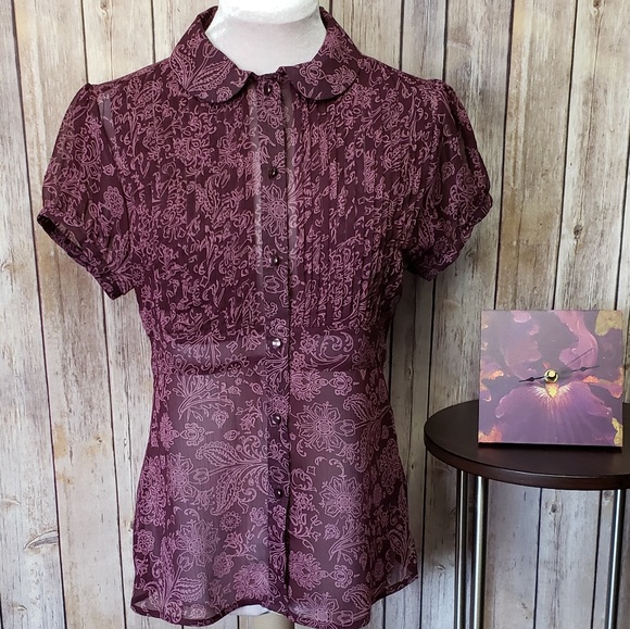 Apt. 9 Tops - APT 9 Burgundy purple sheer short slv button down